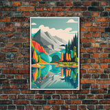 Retro Midcentury Style Wall Art, Framed Canvas Print, Colorful Wall Art, Mountain Landscape, Office Decor, Low Res Art