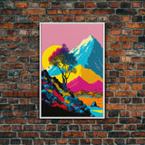Retro Midcentury Style Wall Art, Framed Canvas Print, Colorful Wall Art, Mountain Landscape, Office Decor, Low Res Art