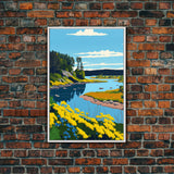 Colorful Pop Art Picture of a Stream, Framed Canvas Print, Surrealist High Contrast Cel Shaded Landscape Art