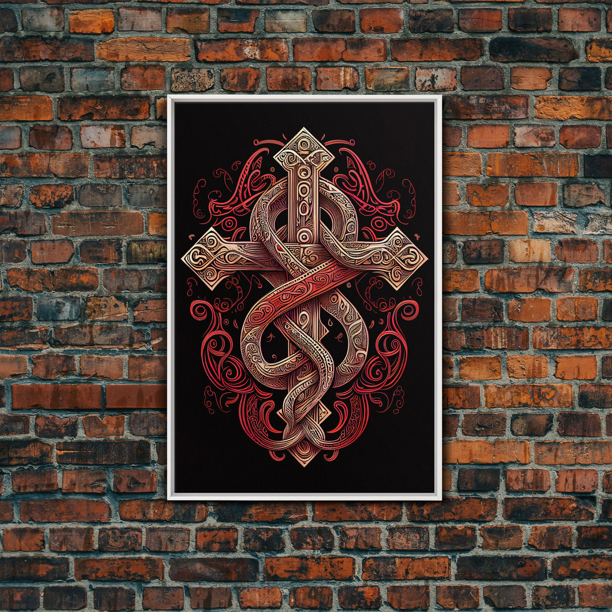 Cool Cross Art | Wall Art | Gothic Cross | Framed Canvas Print | Framed Art | Red and White Cross & Snake