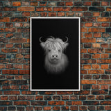 Highland Cow Art Print, Black And White, Animal Wall Decor, Minimalist Art, Wall Decor, Canvas Art, Wall Art, Framed Canvas Wall Decor