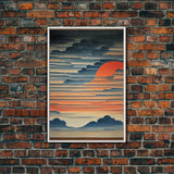 Japanese style wall art, sunrise over the mountains, canvas print, woodblock print style art, Hokusai style wall art