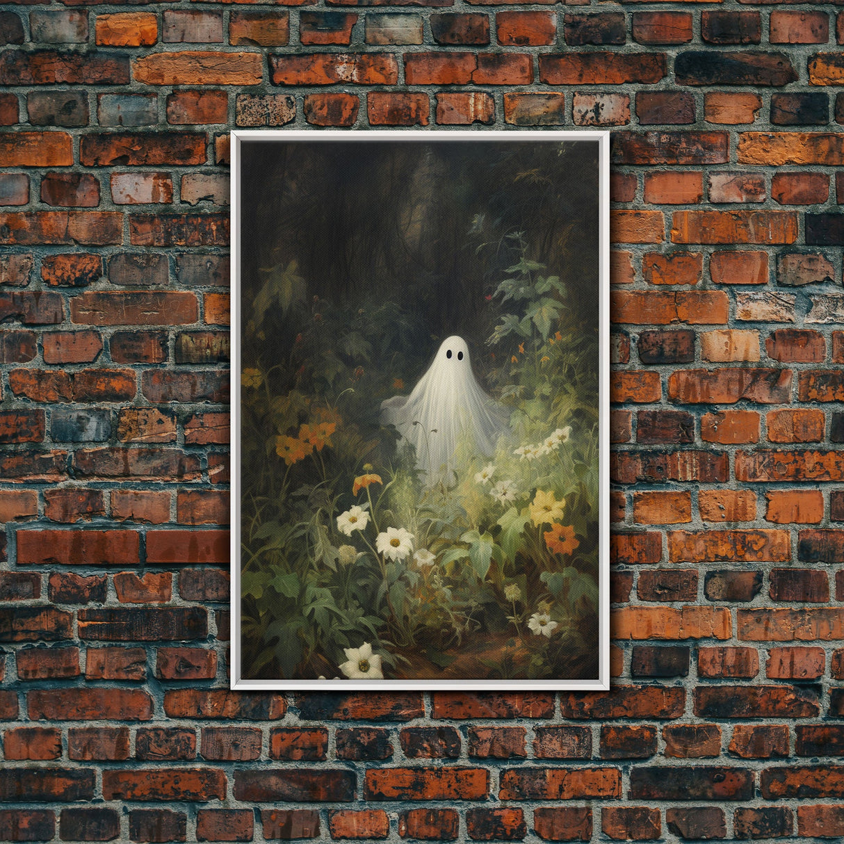 The Ghost Amongst The Flowers, Halloween Canvas Print, Framed Canvas Art, Halloween Decor, Dark Academia, Horror Prints, Oil Painting