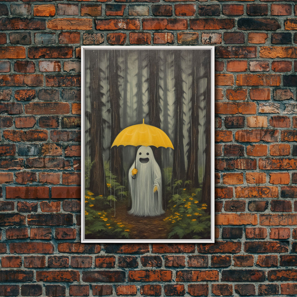Happy Ghost In The Rain,  Vintage Halloween Canvas, Framed Canvas Print, Cute Wall Art, Who's Haunting Who?