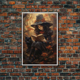 Cute Little Witch Reading Spells To Her Black Cat Familiar, Vintage Halloween Art, Framed Canvas Print, Halloween Canvas Art, Witchcraft