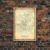 Nashville Map Print, Framed Canvas Wall Art, Tennessee Street Map Art, Davidson City Street Road Map Wall Decor