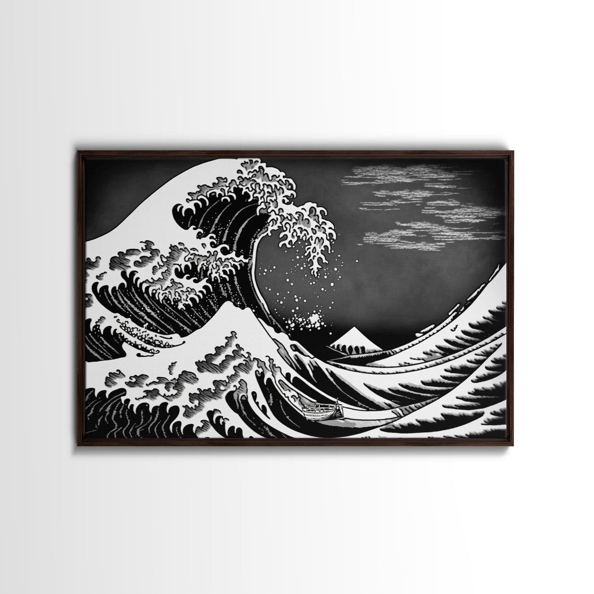 Black and White Wave Canvas Print, Hokusai Inspired Wall Art, Woodblock Print Style, Wall Art, Vintage Style Wall Art