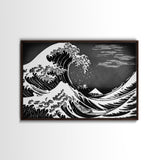 Black and White Wave Canvas Print, Hokusai Inspired Wall Art, Woodblock Print Style, Wall Art, Vintage Style Wall Art