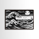 Black and White Wave Canvas Print, Hokusai Inspired Wall Art, Woodblock Print Style, Wall Art, Vintage Style Wall Art