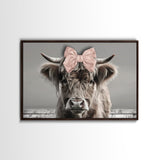 Framed Canvas Print, Cute Highland Cow Wearing A Pink Bowtie, Framed Wall Decor, Rustic Minimalist Farmhouse Decor, Western Art