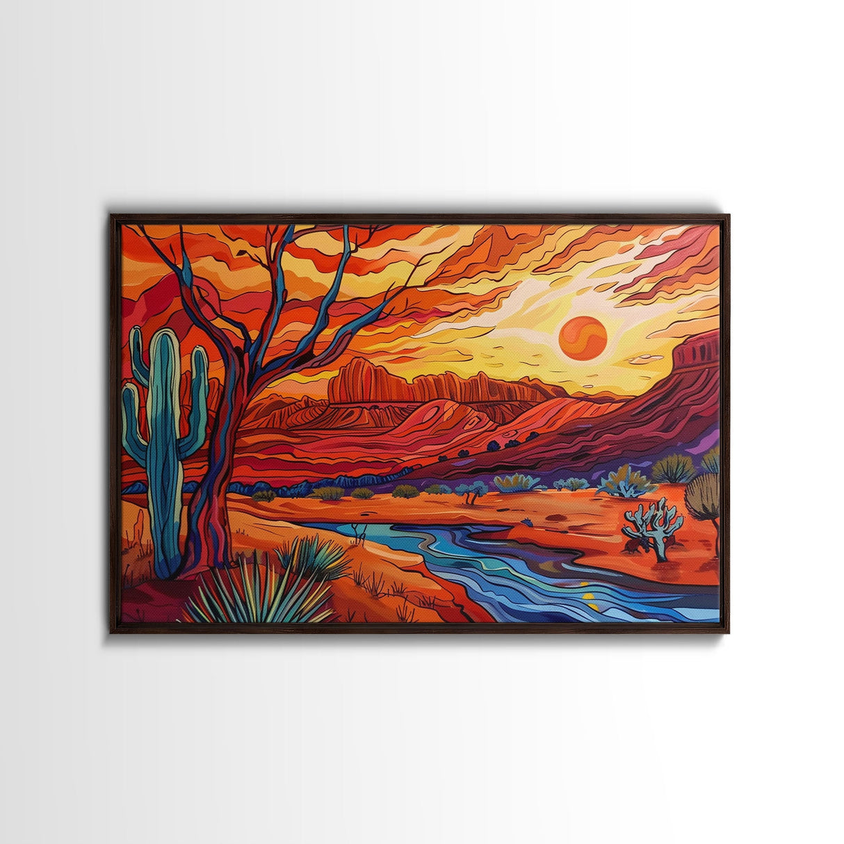 Midcentury Modern Pop Art Desert Landscape Painting Canvas Print, Framed Wall Art, Southwestern Decor, Home Decor Wall Art, Country Decor