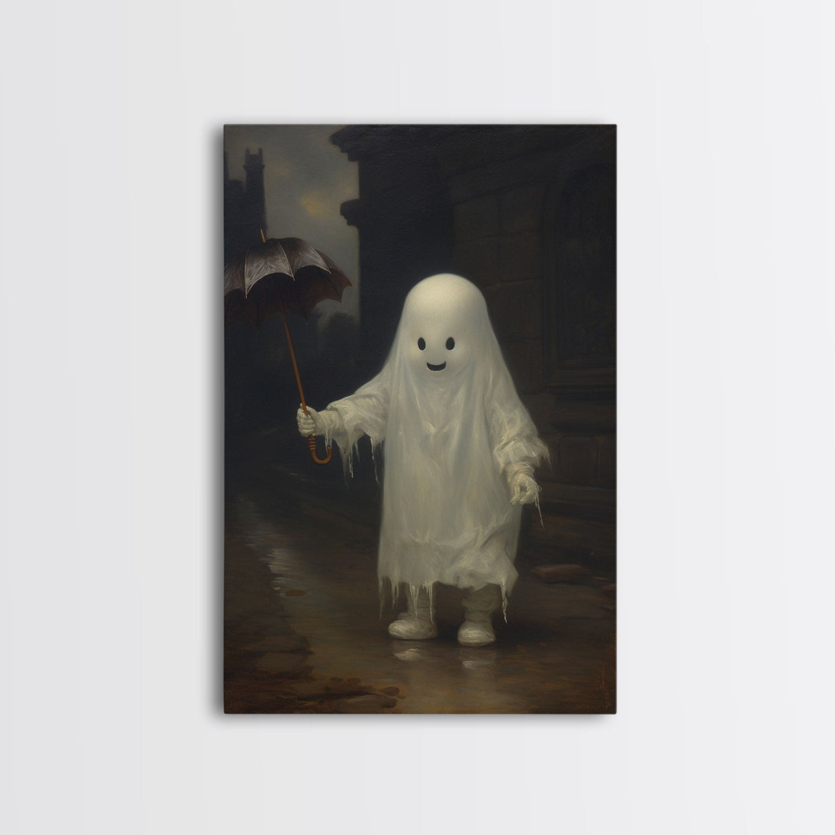 Cute Ghost Painting, Ghost In The Rain, Vintage Canvas, Art Canvas Print, Dark Academia, Haunting Ghost, Cute Halloween Decor