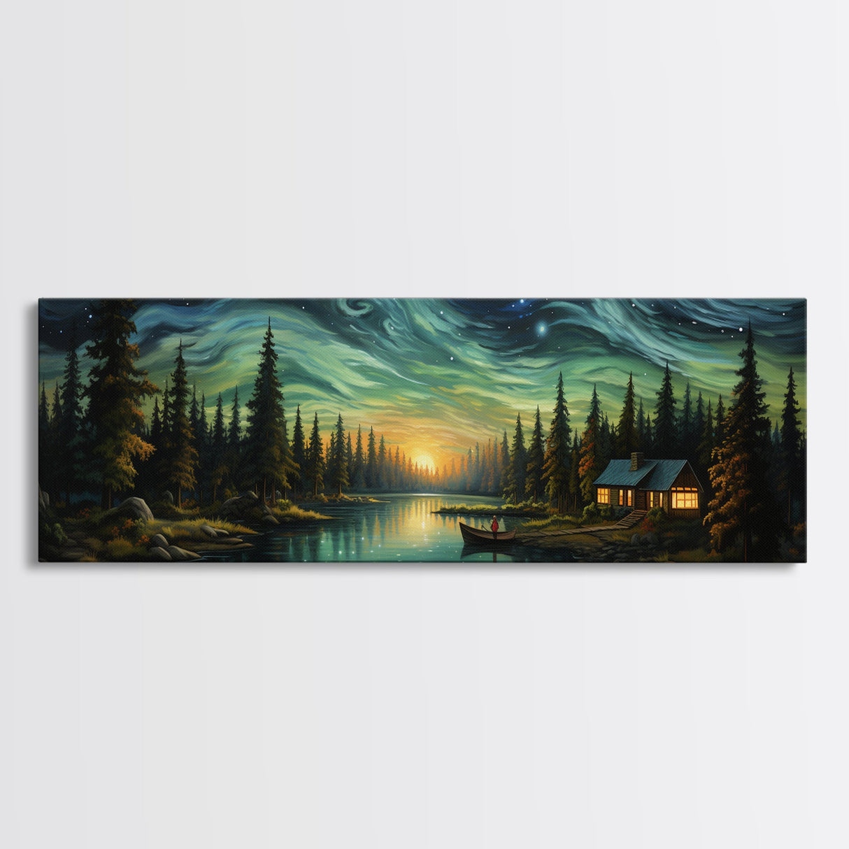 Vah Gogh Inspired Starry Night Farmhouse Painting Framed Canvas Print, Beautiful Minimalist Landscape Painting, Wall Art
