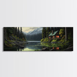 Cozy Cabin on The Lake, Framed Canvas Print, Farmhouse Decor, Landscape Painting, Unique Wall Art