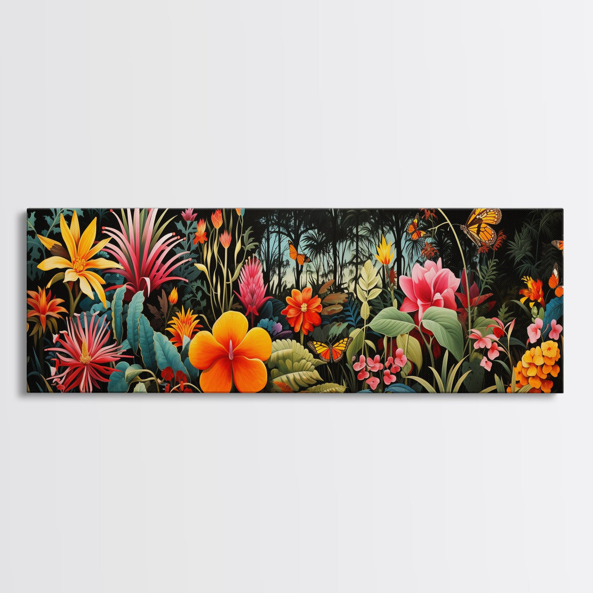 Beautiful Tropical Print "The Jungle" Framed Canvas Print, Panoramic Art, Extra Wide Wall Decor, Living Room Decor