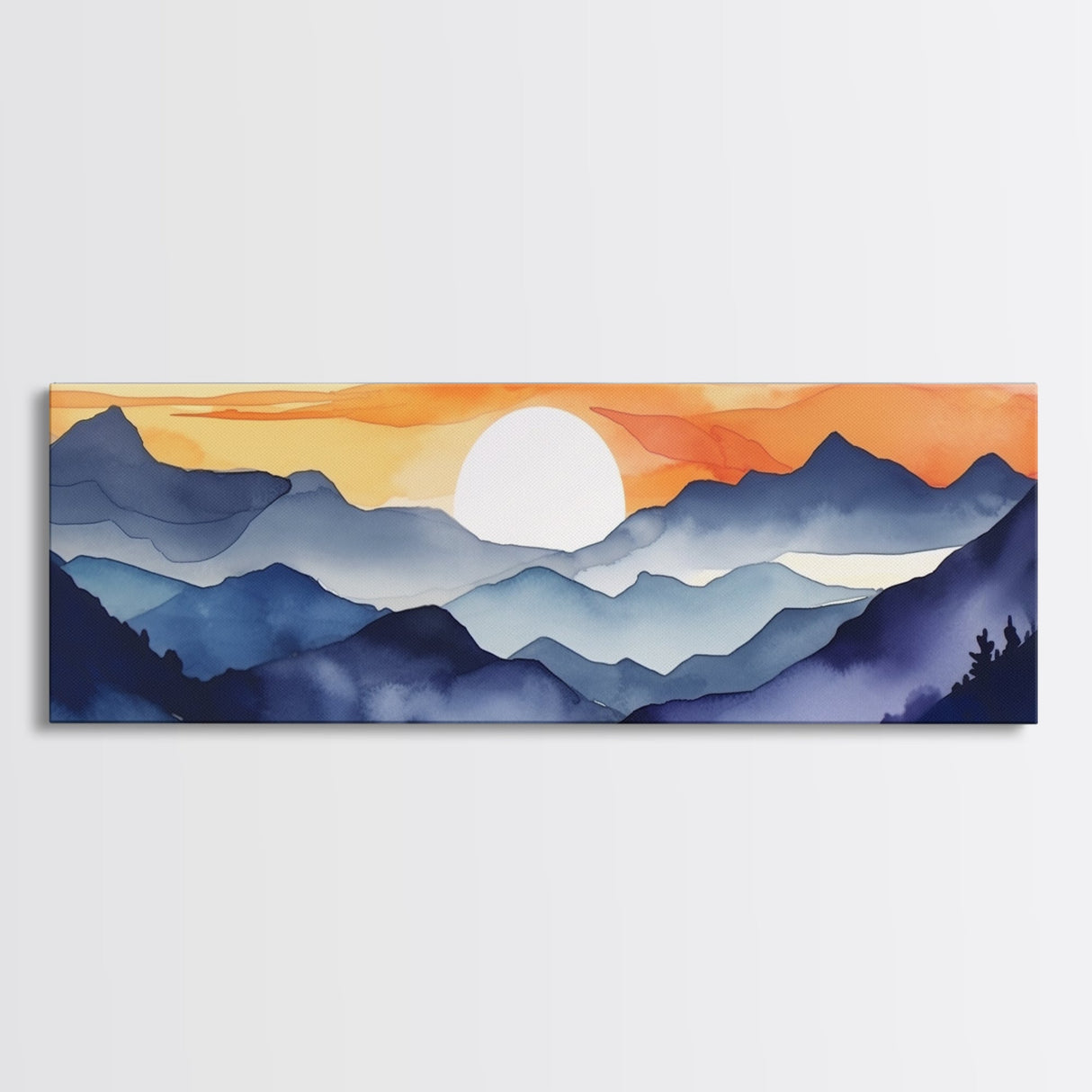 Midcentury Modern Watercolor Painting of a Mountain Sunset, Large Canvas Print, Mountain Artwork, Guest Room Art, Mountain Print, Panoramic