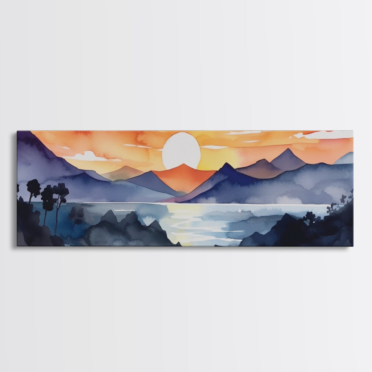 Midcentury Modern Watercolor Painting of a Mountain Sunset, Large Canvas Print, Mountain Artwork, Guest Room Art, Mountain Print, Panoramic