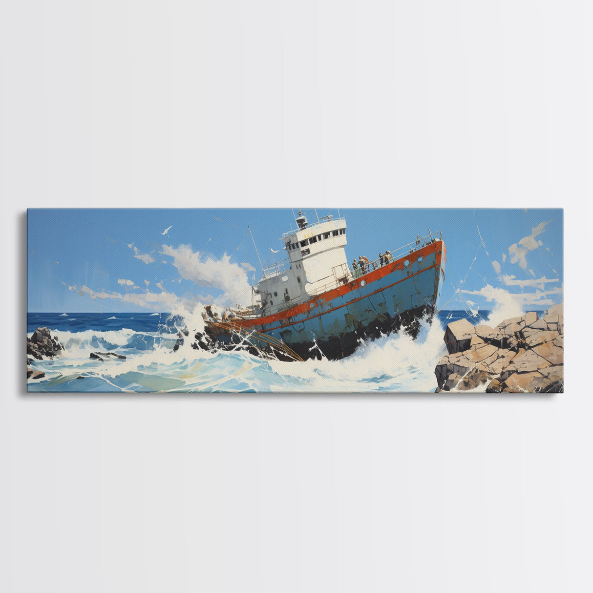 Man Vs. Ocean, Tugboat Crashing On The Rockets, Framed Canvas Print, Nautical Decor, Nautical Centerpiece