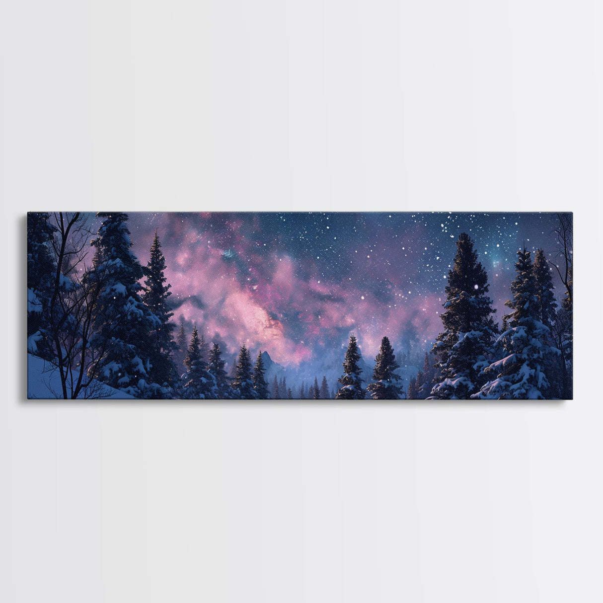 Starry Night Northern Lights, Framed Canvas Print, Beautiful Night Sky Over A Snow Capped Forest, Winter Landscape Painting, Purple Skies