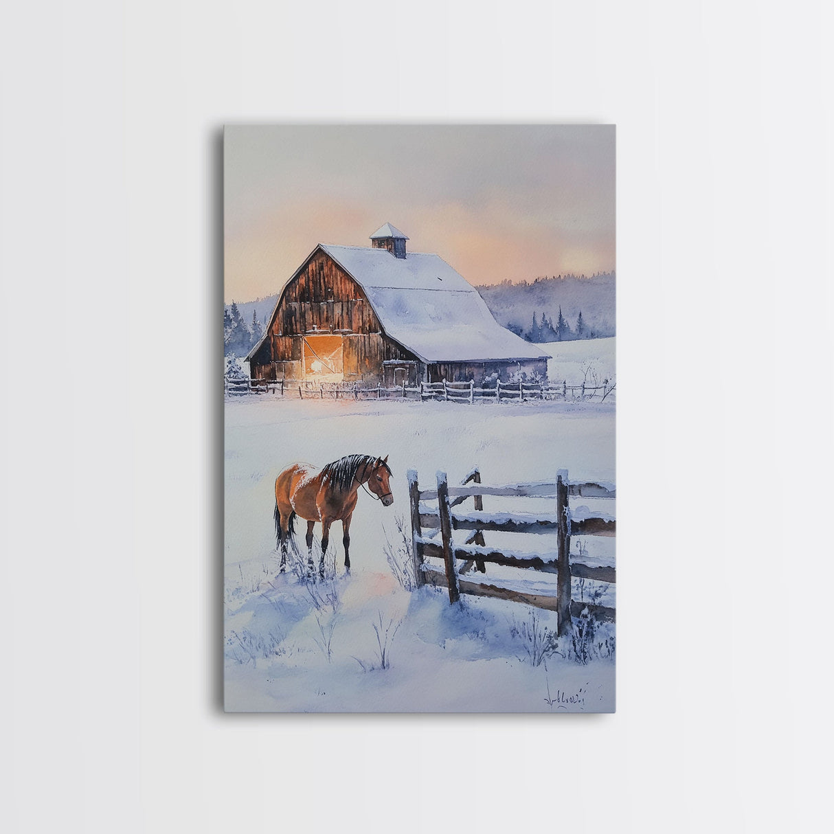 Christmas On The Farm, Winter Wall Art Framed Canvas Print, Gift Idea, Seasonal Decor, Barn Painting, Farmhouse Art