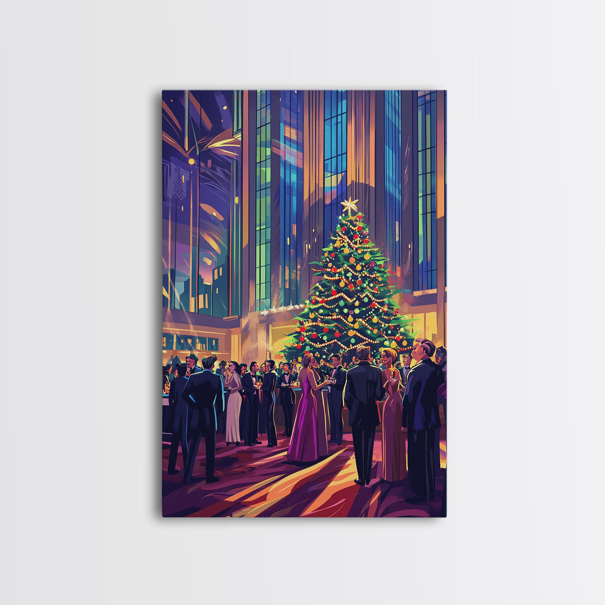 Elegant Christmas Ball Scene with Large Decorated Tree and Holiday Party, Perfect for Framed Canvas Print and Christmas Wall Art