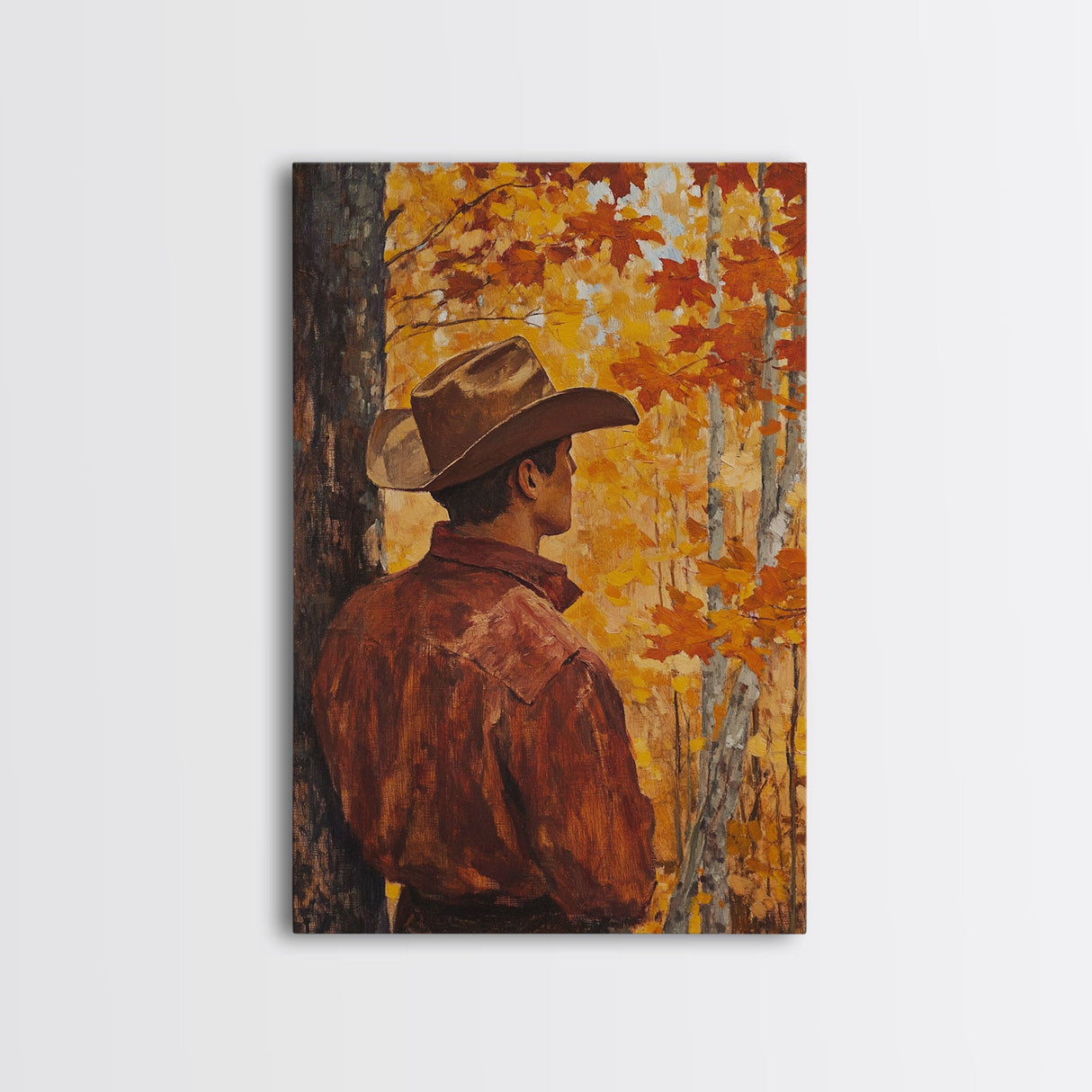 Cowboy in Autumn Forest Framed Canvas Print - Rustic Fall Wall Art Perfect Gift Idea 2024 Country Decor - Moody Landscape Art