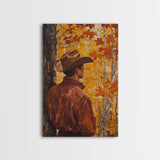 Cowboy in Autumn Forest Framed Canvas Print - Rustic Fall Wall Art Perfect Gift Idea 2024 Country Decor - Moody Landscape Art