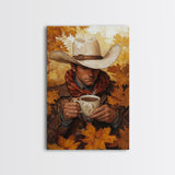 Cowboy Holding Hot Drink Framed Canvas Print - Moody Winter Landscape Art Perfect 2024 Christmas Wall Decor