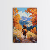 Cowboy Riding Through Autumn Mountains Framed Canvas Print Fall Landscape Art Christmas Decor Seasonal Wall Art Cowboy Christmas Gift Idea