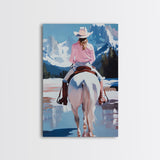 Female Cowboy Riding Through Winter Mountains Framed Canvas Print Christmas Wall Art Winter Wonderland Vintage Christmas Gift Wall Art