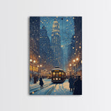 Snowy Winter City Scene Holiday Lights Framed Canvas Print Christmas Wall Art Urban Christmas Decor Holiday Gift Christmas Tree Art Gift