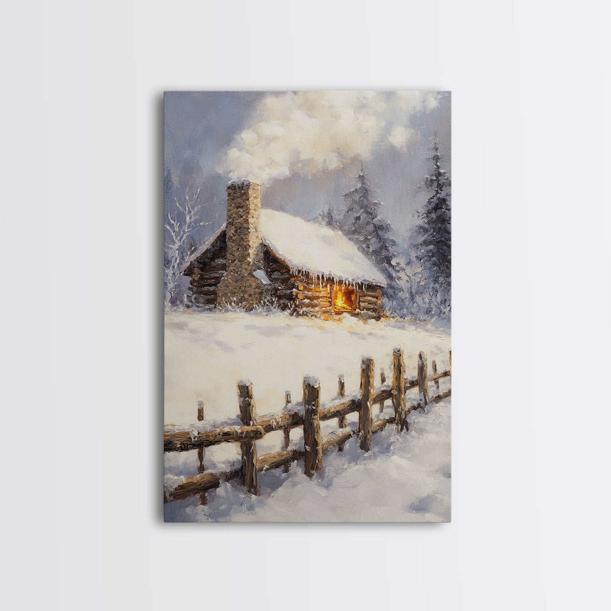 Rustic Cabin In Snow Framed Canvas Print Wall Art Christmas Home Decor, Winter Landscape Art, Cozy Winter Cabin Scene