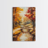 Autumn Bridge Over Stream Framed Canvas Print Wall Art Fall Landscape Decor, Rustic Autumn Art Gift, Seasonal Wall Art