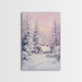 Pink Snowy Cabin Landscape Framed Canvas Print Wall Art Winter Wonderland Decor, Christmas Art Gift, Rustic Winter Scene Art