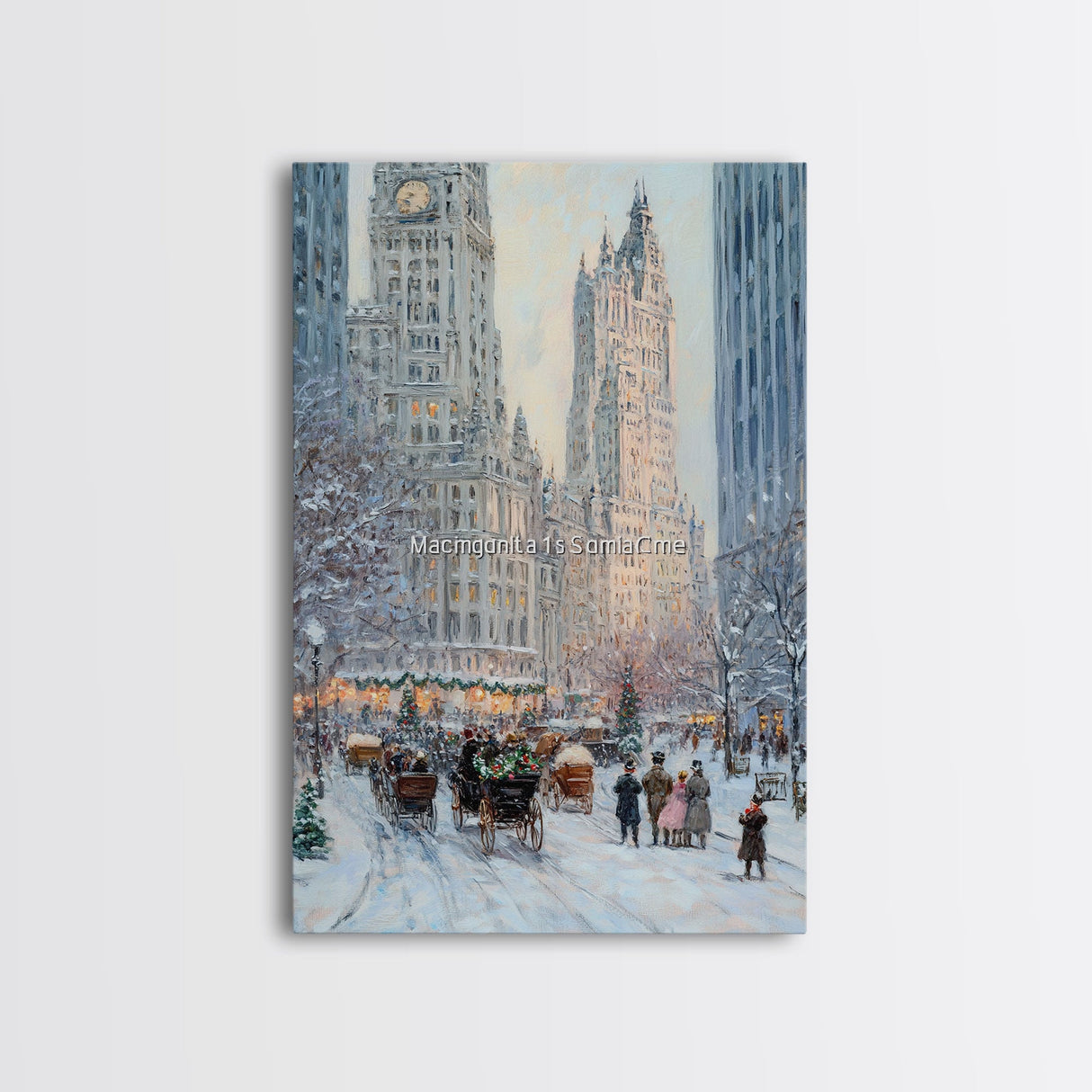 Historical City Winter Framed Canvas Print, Snowy Urban Landscape with Carriages and Victorian Architecture, Elegant Christmas Wall Art