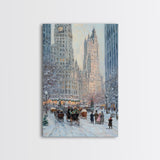 Historical City Winter Framed Canvas Print, Snowy Urban Landscape with Carriages and Victorian Architecture, Elegant Christmas Wall Art