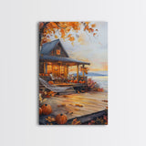 Cozy autumn cabin porch with pumpkins and scenic view, Framed Canvas Print, perfect above sofa art, fall seasonal decor, gallery wall