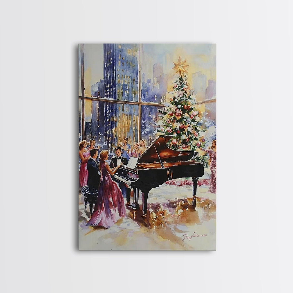 Elegant Christmas party with grand piano and city skyline view Framed Canvas Print, classy holiday wall art perfect seasonal decor idea