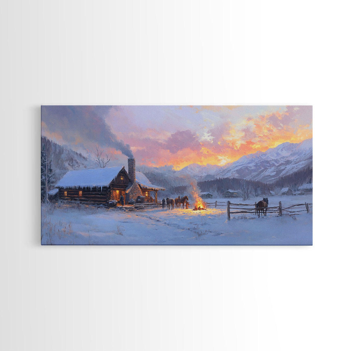Cozy Snowy Log Cabin Tall Art Framed Canvas Print Winter Home Decor With Warm Fireplace And Horse Rider Under A Beautiful Sunset Scene