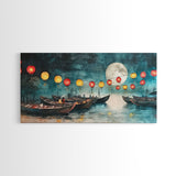 Framed Canvas Print Full Moon Lanterns on Boats, Dreamy Night Scene, Watercolor Christmas Art, Unique Holiday Decor, Coastal Christmas