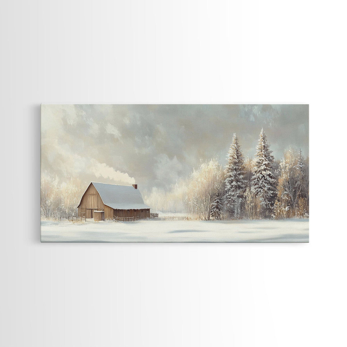 Snowy Barn In Winter Wonderland Tall Art Framed Canvas Print Tranquil Rustic Barn Covered In Snow With Pine Trees Winter Landscape