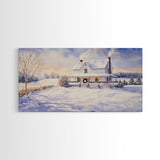 Farmhouse Christmas decor Framed Canvas Print snowy white farmhouse with wreath winter wonderland holiday decor best gift Christmas wall art