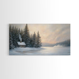 Winter Cabin By The Lake Tall Art Framed Canvas Print Snow Covered Cabin In Peaceful Forest With Winter Wonderland Scene