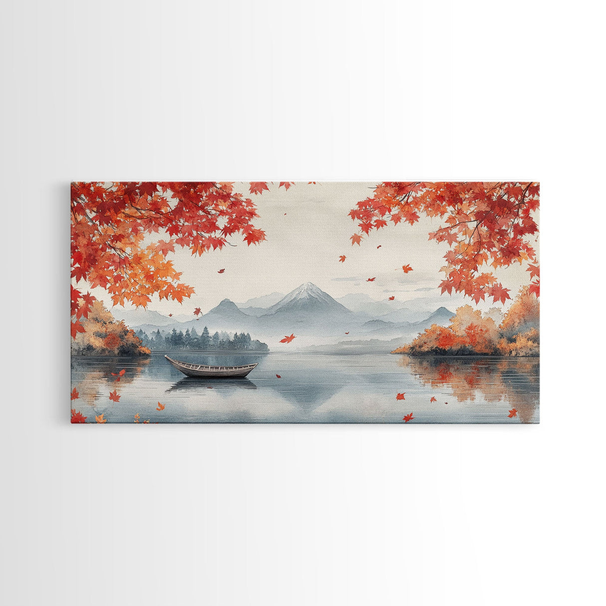 Mountain lake autumn art, fall leaves and boat decor, peaceful autumn landscape, serene fall wall art, framed canvas print, autumn decor