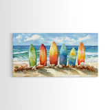 Colorful surfboards Christmas wall art, beach holiday decor, coastal Christmas art, framed canvas print, tropical Christmas art gift