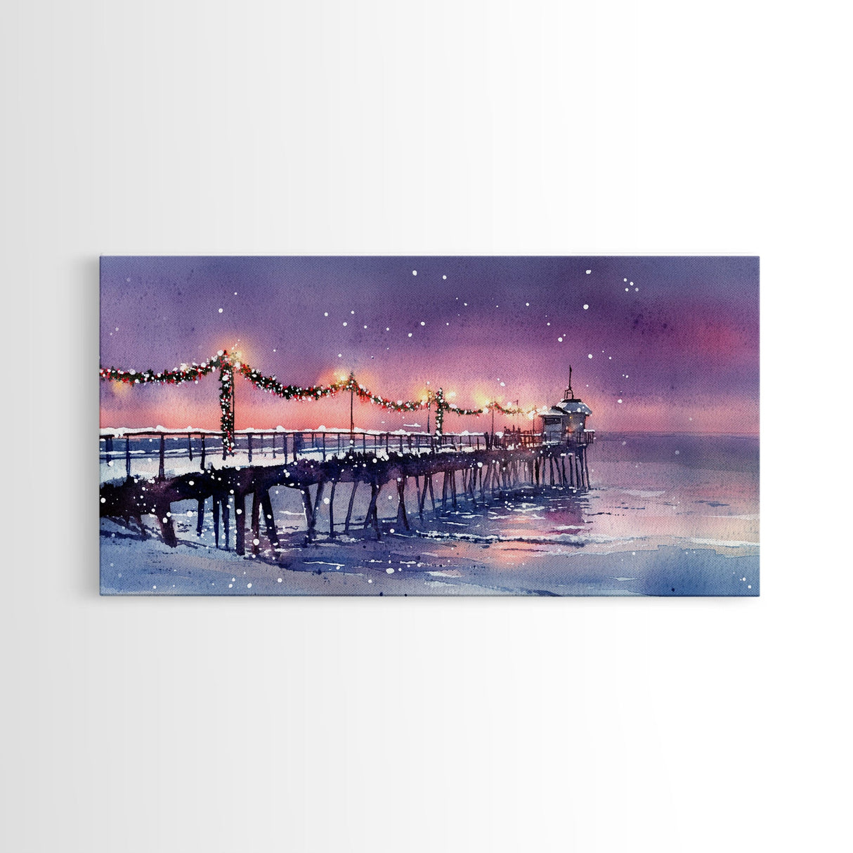 Snow-Covered Pier at Dusk with Christmas Lights, Framed Canvas Print, Coastal Holiday Decor, Winter Wonderland, Nautical Christmas Wall Art