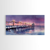 Snow-Covered Pier at Dusk with Christmas Lights, Framed Canvas Print, Coastal Holiday Decor, Winter Wonderland, Nautical Christmas Wall Art