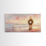 Tropical Beach Sunset Surfboard Wreath Canvas Print | Coastal Christmas Art Gift | Beach Christmas Decor | 2024 Christmas Home Wall Art