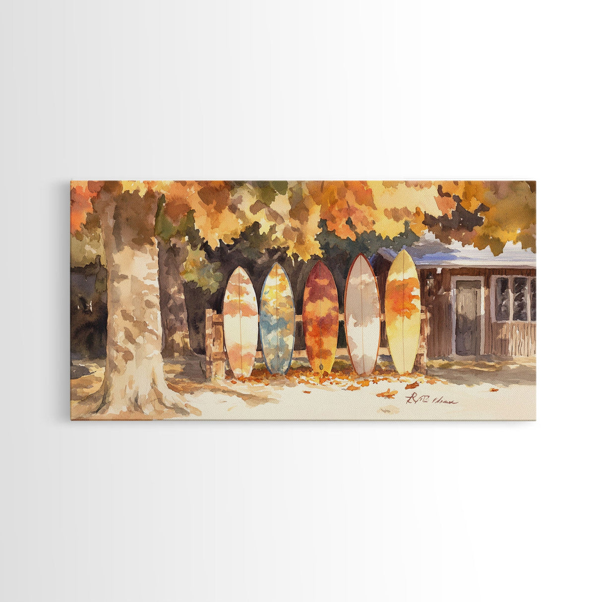Autumn surfboards art, canvas print featuring surfboards with fall leaves, cozy fall home decor, rustic wall art, autumn vacation gift idea