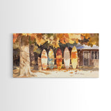 Autumn surfboards art, canvas print featuring surfboards with fall leaves, cozy fall home decor, rustic wall art, autumn vacation gift idea